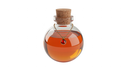 Glass bottle with orange liquid and necklace isolated on a transparent background