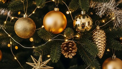 Golden Christmas ornaments and lights on a tree