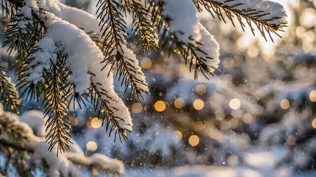 Close-up of snow-covered pine tree branches with warm bokeh lights in the background, creating a festive winter scene.
