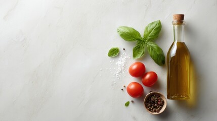 Italian kitchen ingredient composition, olive oil bottle, basil, tomatoes and spices on white stone table, flat lay frame