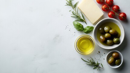 Italian cuisine flat lay, fresh vegetables, olive oil and cheese arranged around blank center on white stone table, food banner background