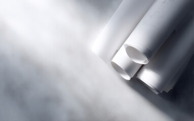 Top view of architectural rolls and blueprint plans with technical schematics, calm professional planning environment, neutral color palette, high detail