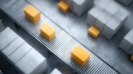 Warehouse automation with robotic vehicles moving inventory, smart logistics concept, top-down perspective