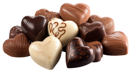Pile of heart shaped chocolates in various shades of brown and white on transparent background symbolizing valentine's day gifts and sweet indulgence
