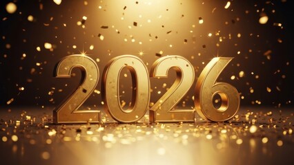 Golden 2026 numerals against a bokeh backdrop with floating confetti, celebratory theme