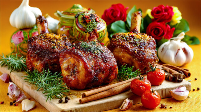Roasted pork knuckle Schweinshaxe with spices and herbs on a wooden cutting board.
