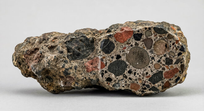 A collectible geological specimen of Agglomerate - pyroclastic volcanic rock with various volcanic fragments embedded in a fine matrix