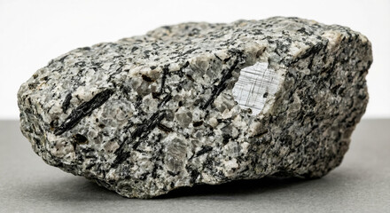 A collectible geological specimen of diorite igneous intermediate rock specimen displaying salt and pepper texture with white oligoclase feldspar and dark hornblende crystals