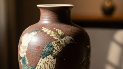 Close-up of a decorative vase, featuring detailed painted birds and warm lighting