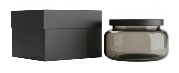 Gray box and empty glass jar with black lid packaging isolated on a transparent background