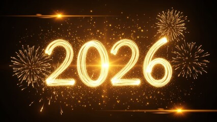 Glowing golden "2026" with fireworks and sparkling lights against a dark background
