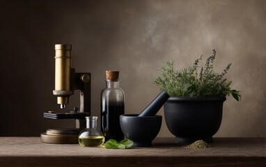 Science and nature harmony, supplements with microscope and herbs