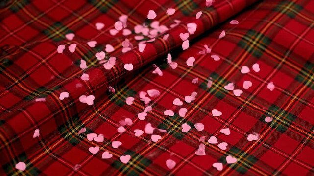 Romantic Red Tartan Fabric with Falling Pink Hearts