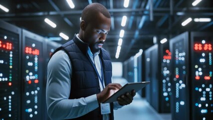 Professional black male it engineer performing server maintenance in a data center. Adult technician using a tablet to run diagnostics on a rack cabinet with blinking lights