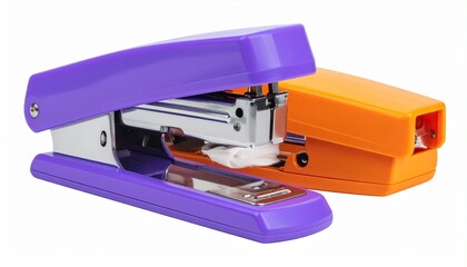 "Show a colorful modern stapler with a purple base and orange top handle on a white background."