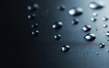 Dark minimal background with isolated water droplets, metaphor for PFAS and toxic contamination in natural water systems, environmental awareness theme