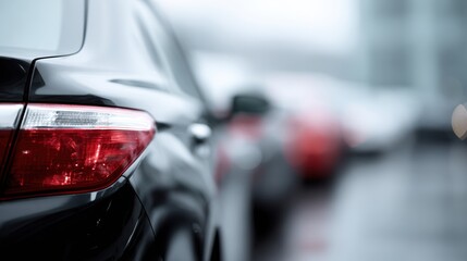 Used car market scene, multiple vehicles lined up in dealership parking lot, consumer purchase concept