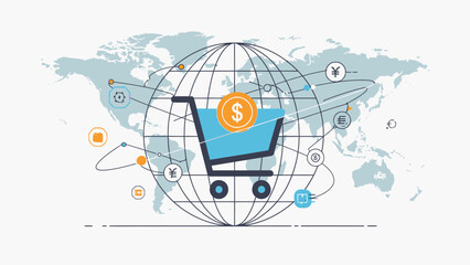 Global Financial E-commerce Concept with Shopping Cart and Currency Symbols on World Map Background