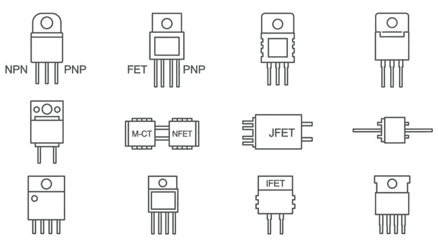 Various Transistor Electronic Symbols including NPN, PNP, FET, and JFET on Isolated White Background