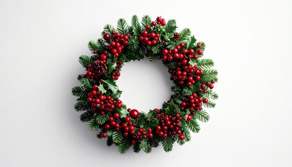 "Show a decorative Christmas wreath made of green pine branches with clusters of bright red berries on a white wall."