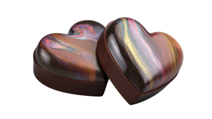 Two heart shaped chocolates with colorful abstract swirls lie side by side on transparent backdrop perfect for valentine's day and love themed designs