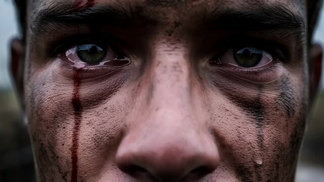 Young soldier man with blood and dirt on face in battlefield, war aftermath concept. Sad eyes crying blood tear. Close up of military hardship.