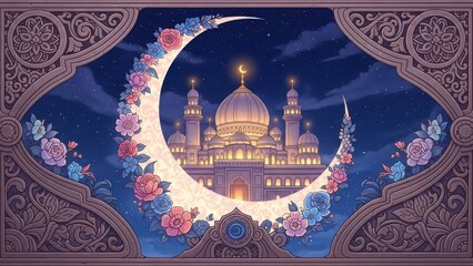 Digital art featuring a mosque illuminated by a crescent moon, framed with floral embellishments