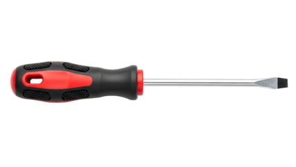 A red and black screwdriver with a comfortable grip on transparent background