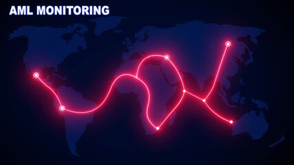 AML monitoring concept with glowing red path connecting points on dark world map illustrating suspicious financial activity and global financial network monitoring. sales countdown, growth. 4K video - Powered by Adobe