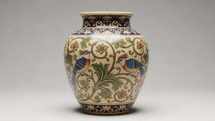 Decorative ceramic vase with intricate floral and bird design, beige, blue and gold