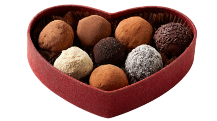 Assorted chocolate truffles in red heart shaped box cocoa dusted delights gourmet confectionery selection dessert indulgence luxury sweet gift present