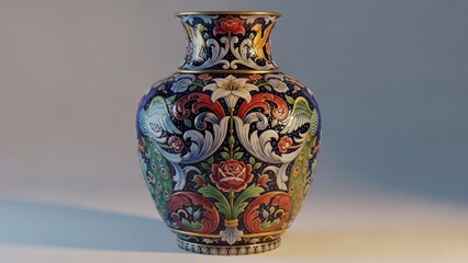 Ornate ceramic vase with floral patterns and a gold trim, centered against a gradient background