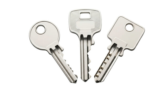 Three silver keys arranged in a triangle on transparent background