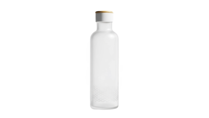 A clear glass bottle with a white cap on transparent background for commercial product display