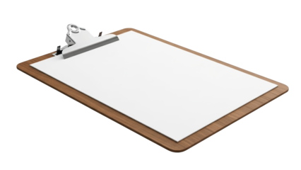 A wooden clipboard with a blank white sheet of paper on transparent background