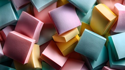 Scattered pastel sticky notes in soft pink, yellow and blue shades, perfect for creative planning, office visuals