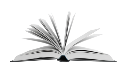 An open book with pages fanned out on transparent background