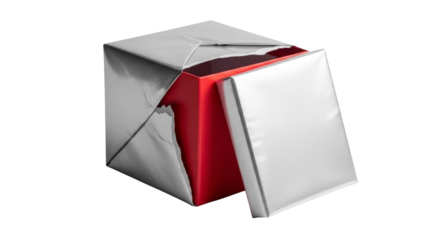 A creative red cube emerging from a torn white paper box on transparent background