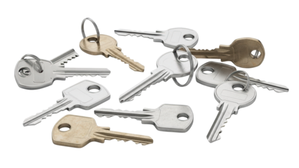 A bunch of keys on transparent background for business use in security and locksmithing industry