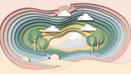 Vibrant layered landscape with trees and clouds in colorful paper cutout style