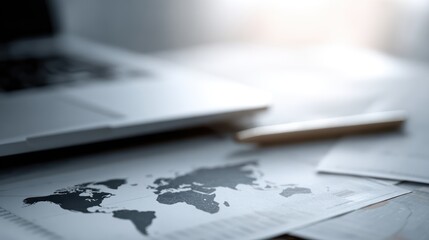 Global expansion planning desk, notebook and laptop with world map overlay, growth arrows, and market research reports