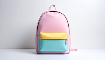 "Show a stylish pink backpack with a pastel gradient front pocket including blue, yellow, and green tones on a light background."
