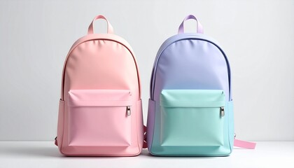 "Show a stylish pink backpack with a pastel gradient front pocket including blue, yellow, and green tones on a light background."