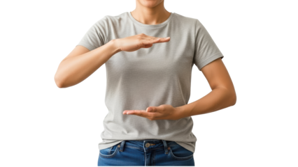 A woman presenting something in a neutral pose on transparent background