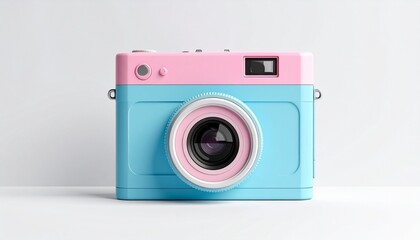 "Show a colorful modern camera with blue left half and pink right half including pink lens housing on white surface."