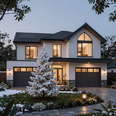 Modern cozy house with garage, garden, and warm winter light for rent/sale amidst a beautiful white spruce