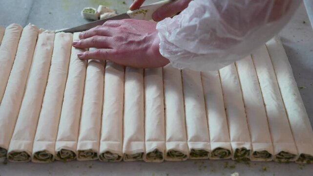 Boiling Traditional Turkish Antep Baklava by Pouring Boiled Syrup Video, Eminonu Istanbul, Turkiye (Turkey)