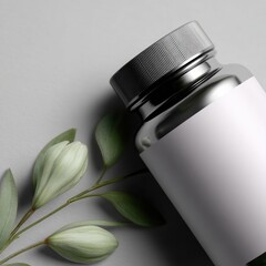 Botanical supplement bottle close-up, vegan and organic label-ready design, copy space