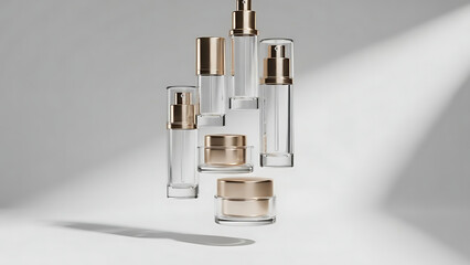 Luxurious clear glass cosmetic bottles and jars with golden caps floating elegantly