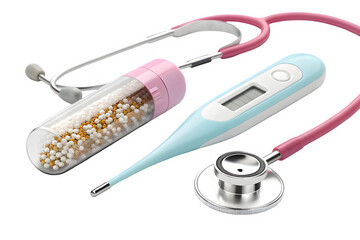 Healthcare essentials: stethoscope, thermometer, and medicine vial on black background isolated on transparent background